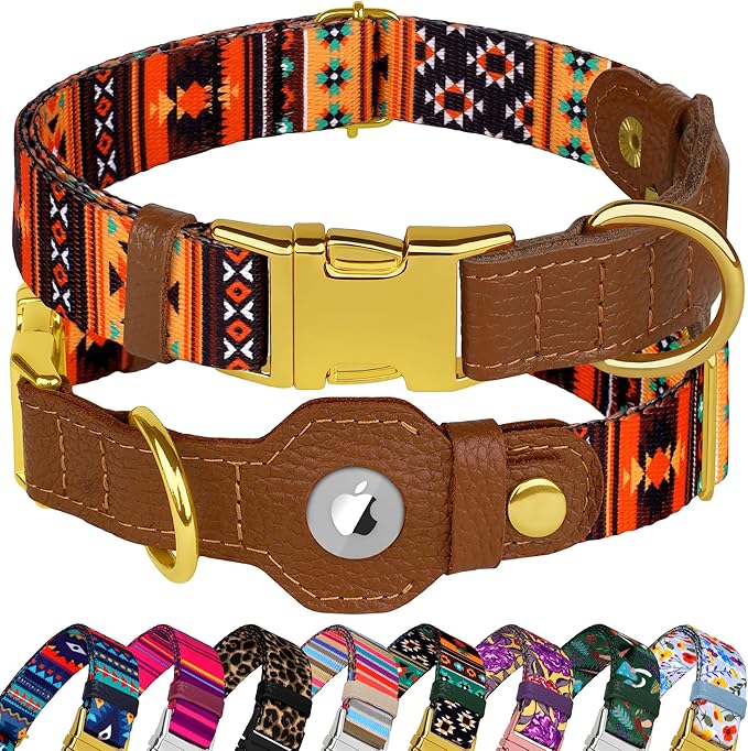 AirTag Dog Collar for Small Medium Large Breed - Adjustable Cute Pattern Dog Collar with Airtag Holder - Soft Leather Tracker GPS Apple Air Tag Pet Collars (Large, 17"-21" Neck Fit, Western)