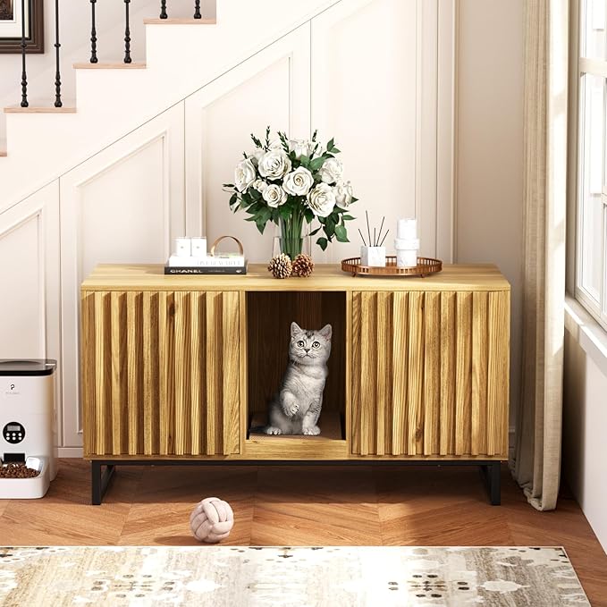 Double Litter Box Enclosure,Modern Cat Litter Box Enclosure for 2 Cats, Hidden Litter Box with Cat Scratch Pad, Cat Washroom Cat House End Table, Entryway Bench for Livingroom (Natural)