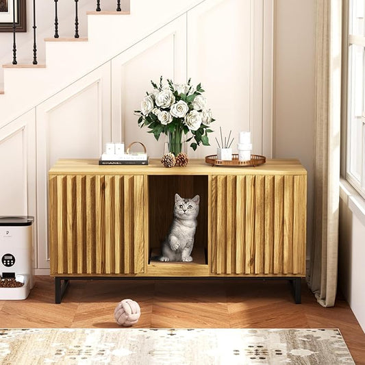 Double Litter Box Enclosure,Modern Cat Litter Box Enclosure for 2 Cats, Hidden Litter Box with Cat Scratch Pad, Cat Washroom Cat House End Table, Entryway Bench for Livingroom (Natural)