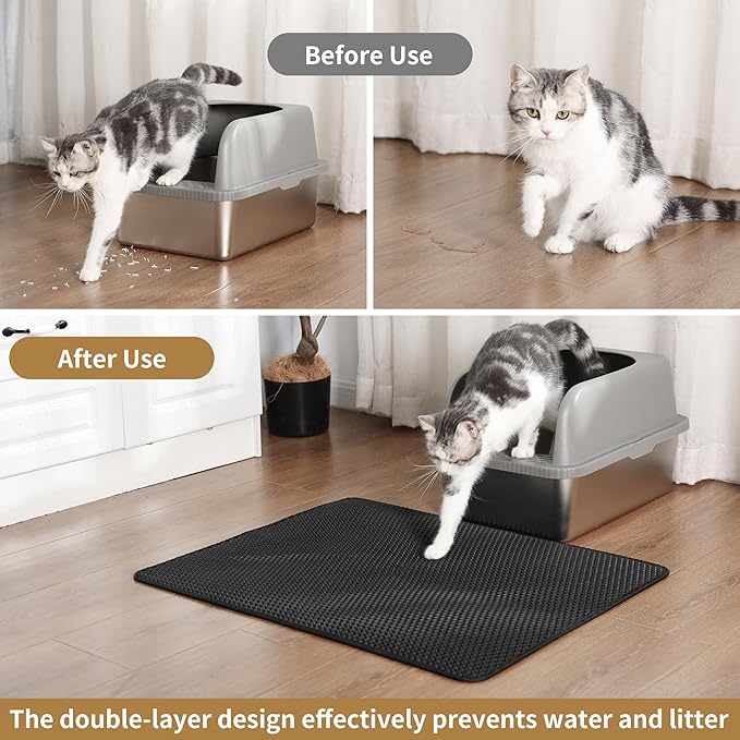 Cat Litter Mat 24x18 Inches, Honeycomb Double Layer Traps Litter & Waterproof Leatherette Bottom Prevents Urine Leaks, Durable & Easy Clean Pet Floor Protector for Cat Litter Box Area（Black）