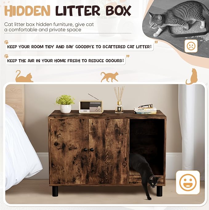 WARCAT Cat Litter Box Enclosure, Modern Hidden Litter Box Enclosure Furniture, Hidden Washroom with Scratch Pad, Barn Door Design, Indoor Cat House & End Table (Rustic Brown)