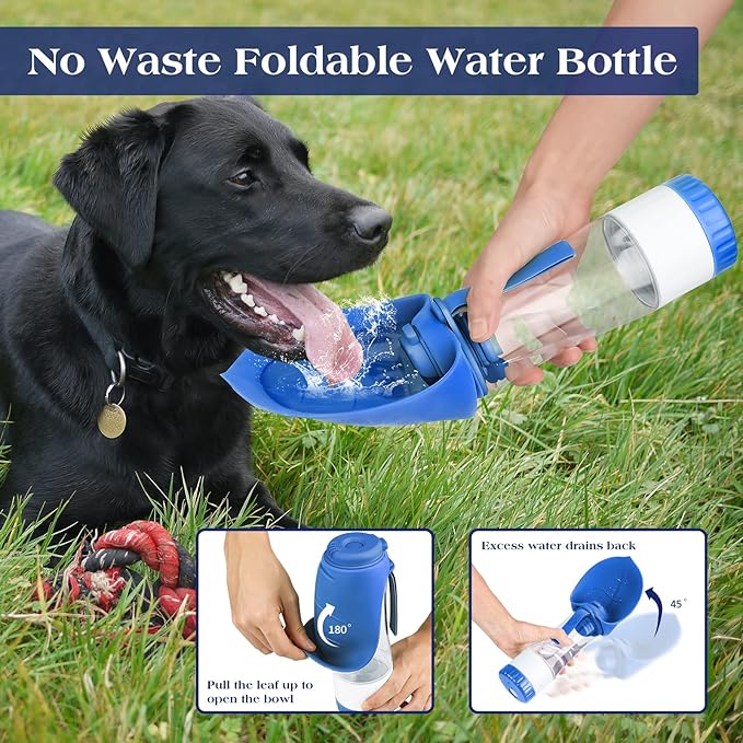 Upgraded Dog Water Bottle, Portable Dog Cat Puppy Pet Water Dispenser Feeder with Drinking Cup and Food Container Leak Proof for Outdoor Walking, Travel, Hiking 12OZ Blue