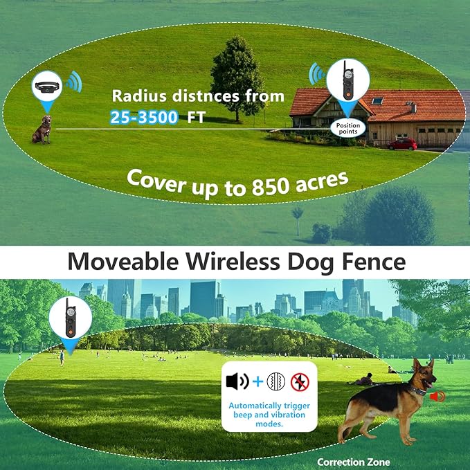 Wireless Dog Fence 3500FT Electric Fence and 6100FT Remote Training Collar, 185 Days Rechargeable Battery - IPX7 Waterproof Collar, Vibrate/Beep/Shock Modes for All Dogs.…