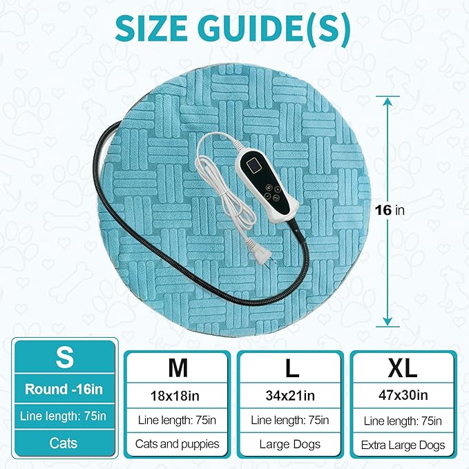 Cat Heating Pad with Smart Thermostat Switch and Chew Resistant Cord, Upgraded Adjustable Controller, Temperature and Timer Adjustable, Round-16 inches Soft Cloth Heated Cat Bed for Dogs & Cats