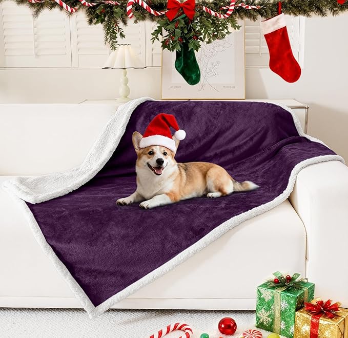 Smiry Waterproof Blanket Throw for Large Dogs, Soft Reversible Dog Blanket for Sofa Couch Bed, Washable Leakproof Sherpa Fleece Furniture Couch Protector(40"x60", Dark Purple/White)