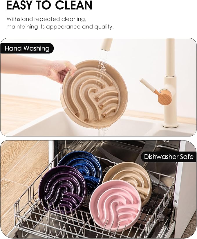 vancasso Slow Feeder Dog Bowl, 1.5 Cup Ceramic Slow Feeding Food Dish for Small and Medium Breed, Puzzle Dog Food Bowl for Fast Eater, Brown