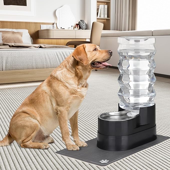 RIZZARI Large Water Dispenser for Dogs: 9L Automatic Stainless Steel Gravity Raised Black Pet Feeder for Pet Dogs Indoor/Outdoor