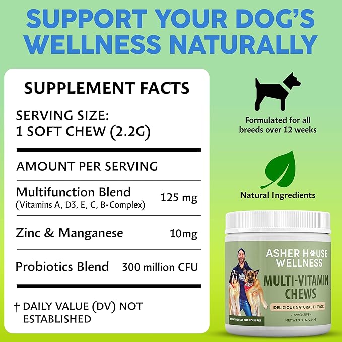 Asher House Wellness Dog Multivitamin Chews - Dog Vitamins and Supplements, Soft Chew for Pet Dogs with Probiotics, Flaxseed, Colostrum - Comprehensive Health Support from Puppy to Senior, 120 Chews