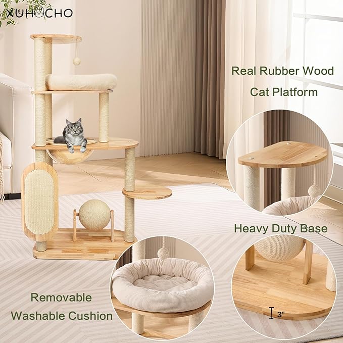 Modern Cat Tree with Scratching Post, Solid Rubber Wood Cat Tree Tower for Indoor Cats with Cotton Nest, Space Capsule, Cat Scratching Ball and Board