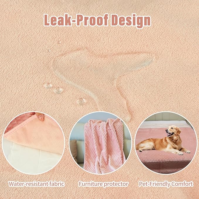 Water Resistant Blanket for Bed Couch Sofa, Cat/Dog Blanket Waterproof Washable, Small Cozy Reversible Furniture Protector, Leakproof Throw (40"x60", Peachy Pink/Peach Cream)
