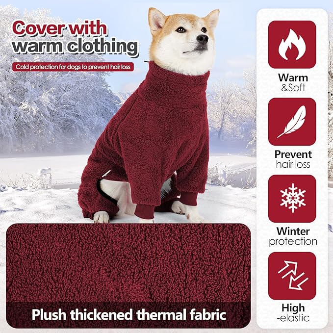 Dog Winter Coat, Warm Fleece Dog Jacket, Windproof Pullover Jumpsuit, Full Body Pajamas Onesie, Cold Weather Clothes for Medium Large Dog(2XL,Red)