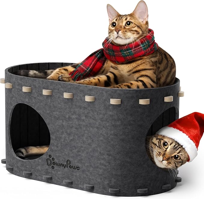 DownyPaws Cat House for Indoor Cats, Cat Bed Cave for Multiple & Large Cats Up to 22 Lbs, Scratch Resistant Peekaboo Cat Caves, Foldable Tunnel Enclosed Bed, PeekaPurr, Sesame Gray