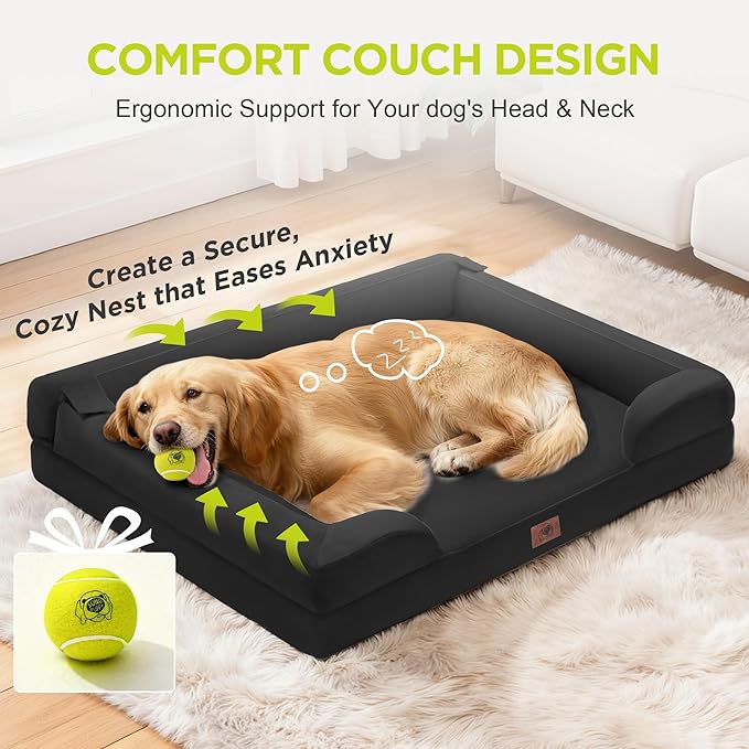 Orthopedic Dog Bed for Extra Large Dogs, XXL Waterproof Egg Crate Memory Foam Pet Bed Bolsters with Removable Washable Cover & Non-Slip Bottom, Tennis Ball Toy, 45x35