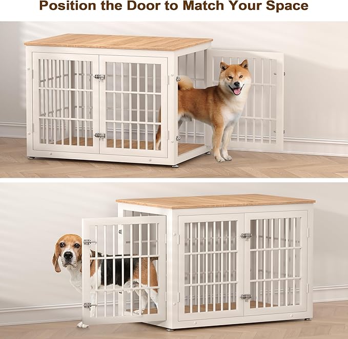 38 Inch Heavy Duty Dog Crate Furniture for Large and Medium Dogs, Decorative Pet House End Table, Wooden Cage Kennel Furniture Indoor, Natural and White