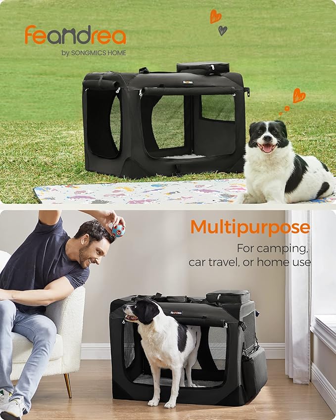 Feandrea 32 Inches Collapsible Soft Dog Crate, Portable Travel Dog Crate for Indoor and Outdoor Use, Dog Carrier Kennel with Safety Zippers, for Living Room, Car, Travelling, Camping, Black UPDC80H