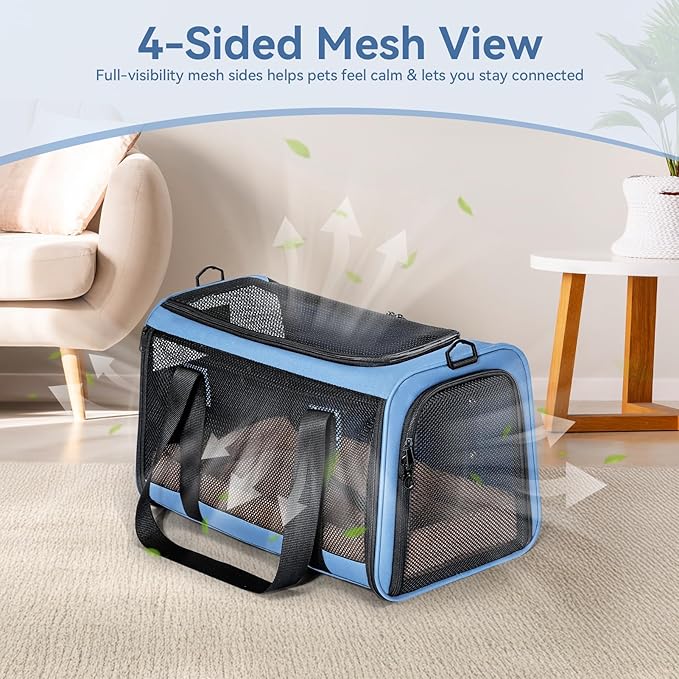 PETSFIT Cat Car Carrier for Small/Medium Cats Dogs, 18"x11"x11" Airline Approved Cat Carrier, with Patent Safety Buckles and Escape-Proof Zipper - Safeguarding Car Travel, Airplane, Vet, Outdoor