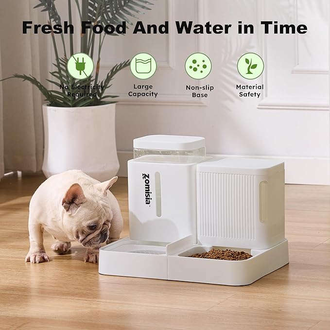 Gravity Dog Food and Water Dispenser, 2 in 1 Automatic Dog Feeder with 180 Degree Rotatable, 2 Pack Large Capacity Self Feeding for Small Dogs Puppy, White, 1.6GALx2