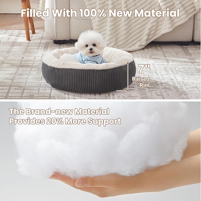 23 inches Donut Dog Bed for Small Dogs - Calming Round Puppy Bed with Removable &Washable Cover, Plush Faux Fur & Corduroy Pet Bed for Cats, Fits Pets up to 15 lbs(Dark Grey,Small)