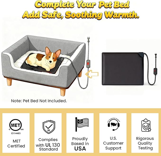 Cat Bed Warmer 15.5 x 12.5 in, Indoor Heated Pad Insert for Cats, Kittens & Small Dogs, Turns Any Pet Bed Into a Cozy Waterproof Heating Mat, Safe Thermostat & Chew-Resistant Cord