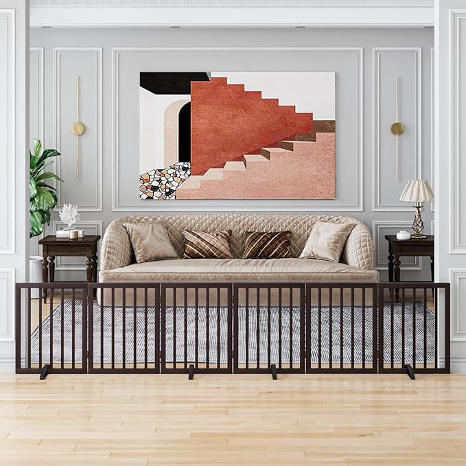 Dog Gates for The House Doorways Extra Wide 110 Inches Wood Freestanding Pet Gates for Dogs Indoor Fence with Support Stands