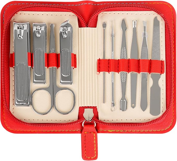 Premium Stainless Steel Nail Clippers Set - Travel Grooming Kit, 10pc Manicure/Pedicure Tools with PU Case - Unisex Gift for Men and Women(C-Red)