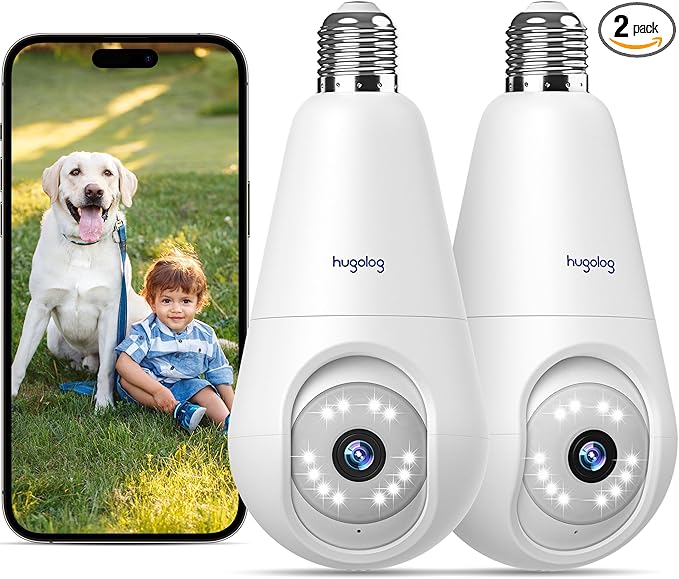 Hugolog 2K Light Bulb Security Cameras Wireless Outdoor-2.4GHz Cameras for Home Security Indoor with AI Motion Detection,Clear Color Night Vision,360°Auto Tracking,Siren Alarm,24/7 Recording
