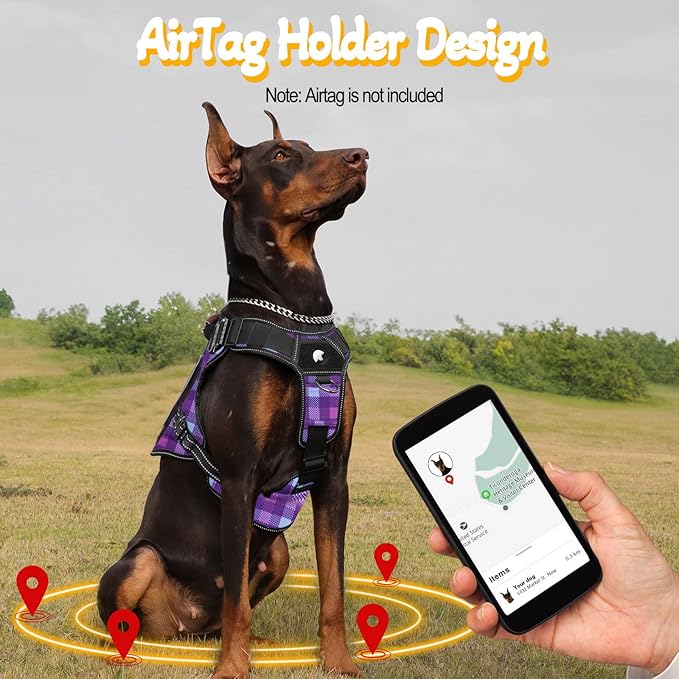 Service Dog Harness - Full Metal Buckles Dog Vest for Medium Large Dogs, Reflective No Pull with Leather Handle, Hook & Loop for Hiking Training (Purple, M)