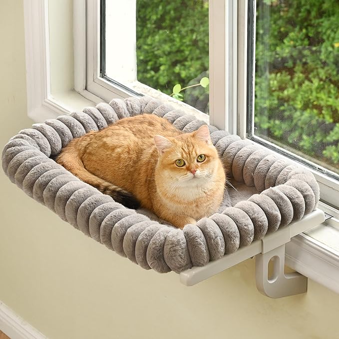 Cloud-Cuddle Cat Window Perch with 4-Sided Bolster, Zipper Design Cushion Window Seat for Window Sill, Sturdy Metal Frame & Easy Assembly Pet Hammock Bed for Indoor Cats (Gray, Medium)
