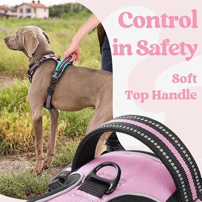 rabbitgoo Dog Harness Medium Sized, No Pull Pet Harness with 3 Buckles, Adjustable Soft Padded Vest with Control Handle, Walking Reflective Pet Vest for Medium Dogs, Pink, M