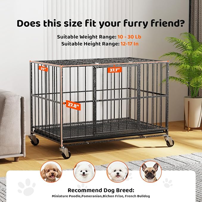 Heavy Duty Indestructible Dog Crate 38in with Removable Trays, Escape-Proof Double Door for High Anxiety Dog, Kennel with Lockable Wheels for Medium Large XL XXL Dogs