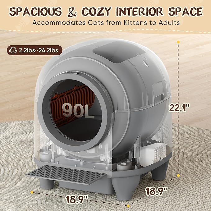 GUNJI Automatic Self-Cleaning Litter Box, 90L Large Capacity for Multiple Cats - APP Controlled with Safety Protection, Included Litter Mat & 1 Roll Garbage Bags (Gray)