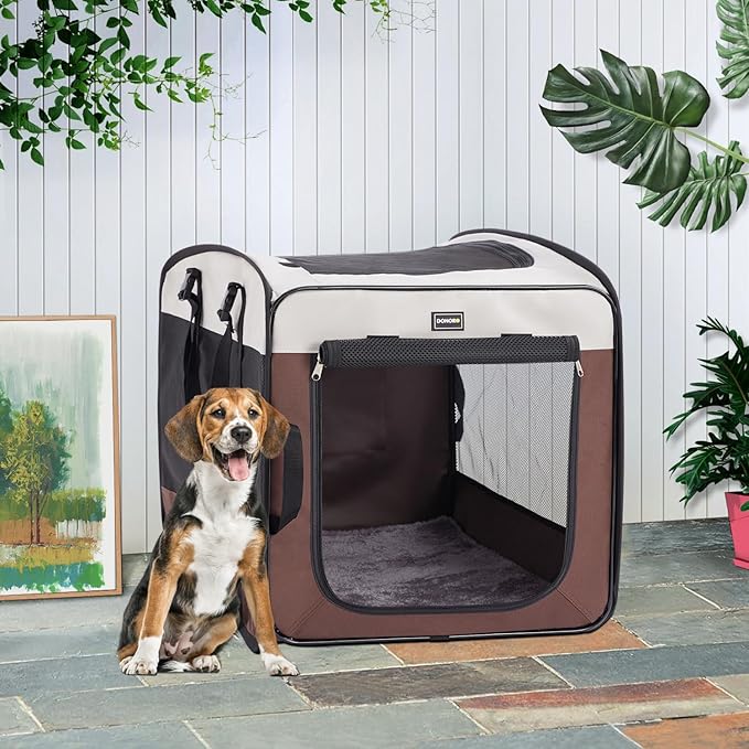 DONORO Dog Kennels and Crates for Medium Dogs, Portable Pop Up Indoor Pet Cage with Sturdy Wire Frame, Collapsible Travel Crate Soft Sided Cat Bag Escape Proof (Brown, 32.0" L x 21.0" W x 26.0" H)