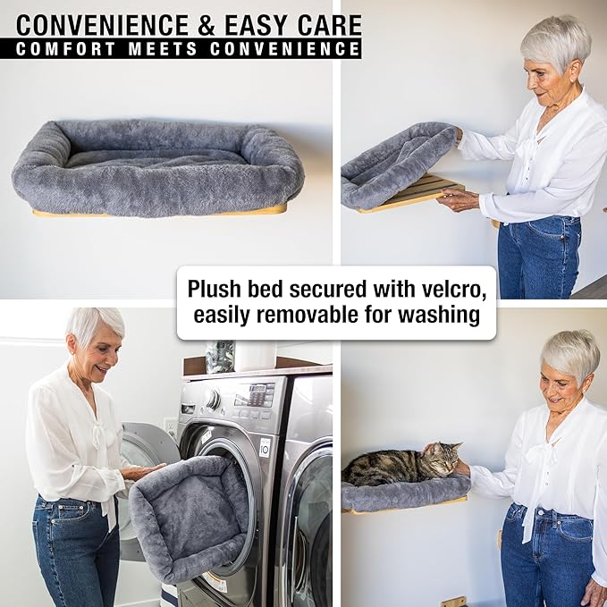 Cat Wall Shelves – Cat Wall Climber with Scratching Post, Removable Bed, Climbing Steps, and Feeding Terrace with Glass Bowls, Waterproof Rubberwood Pet Furniture