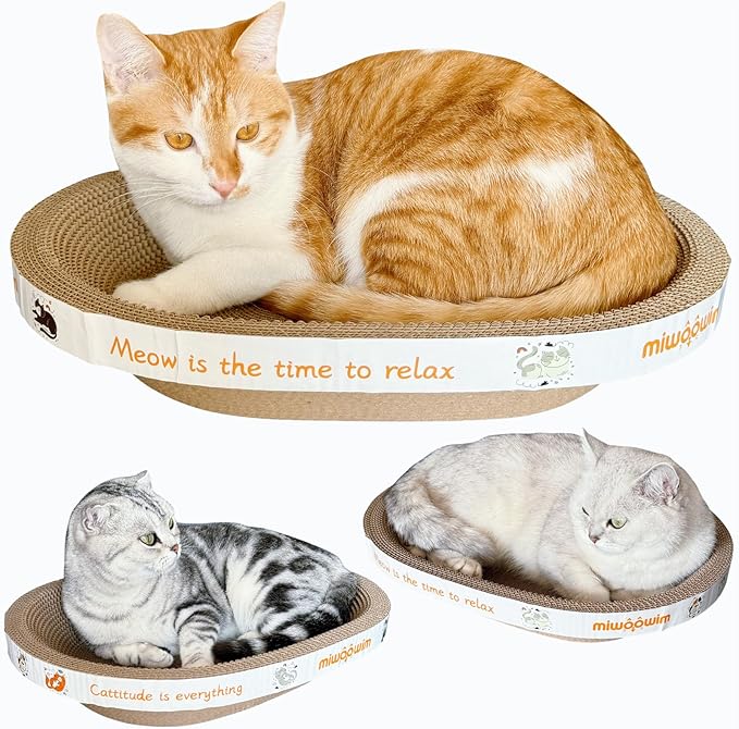 3PCS 2 Cat Scratcher Bowl +1 Corrugated Scratch Pad with Box,Oval Shape Cat Scratcher Cardboard Bed, Scratching Lounge Bed, Cute Round Scratcher for Indoor Cats