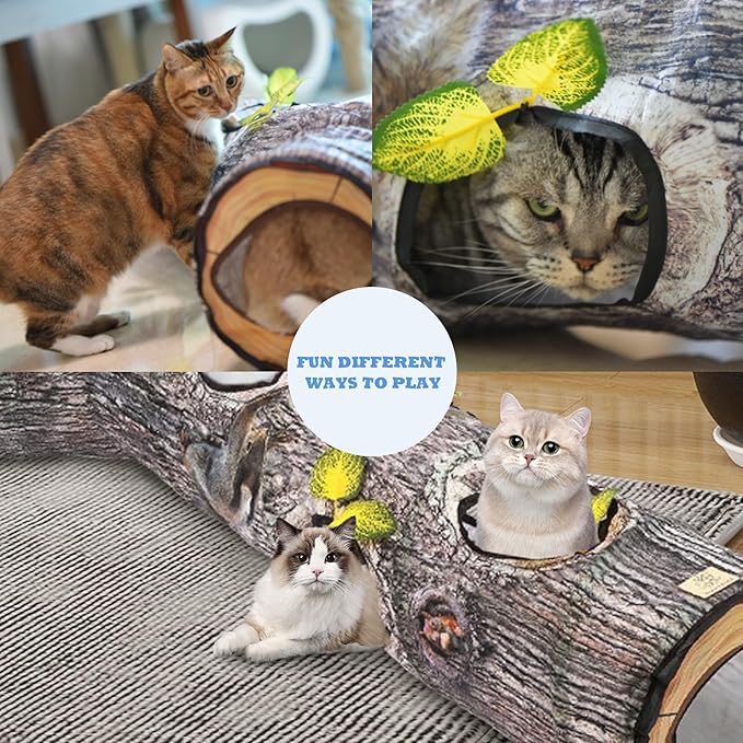 Tree Trunk Cat Tunnel - Cat Tunnels for Indoor Cats, Cat Bed Tree Hole Toy with Three Channels and Leaves, Foldable & Easy to Store, Suitable for Cats and Other Small Animals to Chase and Play