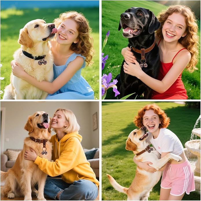 Loud Dog Collar Bells, Durable Pet Bells Tracker for Large Dogs, 4 Copper ells and 2 Leather Button Strap for Outdoor Safety, Pet Tracking, Hiking, Walking