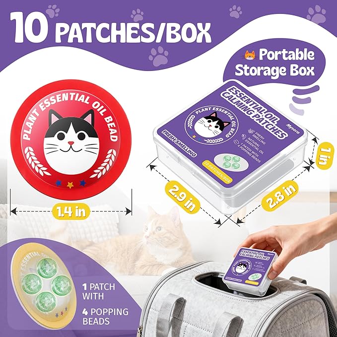Cat Calming Patches for Travel, Car & Home Use, Pheromone & Natural Essential Oil Calming Diffuser for Cats & Kittens to Reduce Anxiety and Stress, Long Lasting & Non Toxic, 10 Count