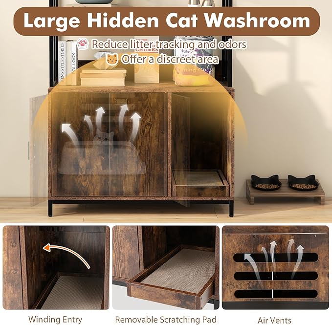 PETSITE Cat Litter Box Furniture with 3 Shelves and Doors, 61 inch Tall Cat Box Enclosure with Display Shelves, Scratching Pad, Indoor Hidden Litter Box with Decorative Storage Shelving (Rustic Brown)