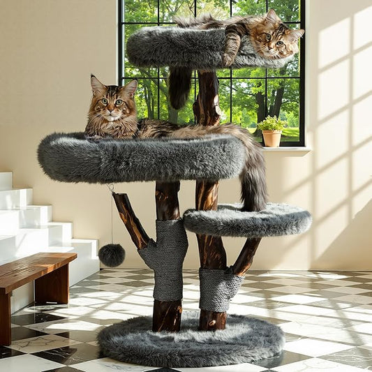Aesthetic Cat Tree Tower for Large Cats, Large Cat Tree for Maine Coon Indoor Cats with Faux Fox Fur, Solid Wood Sisal Scratching Post, Perches, Platform & Toy Ball