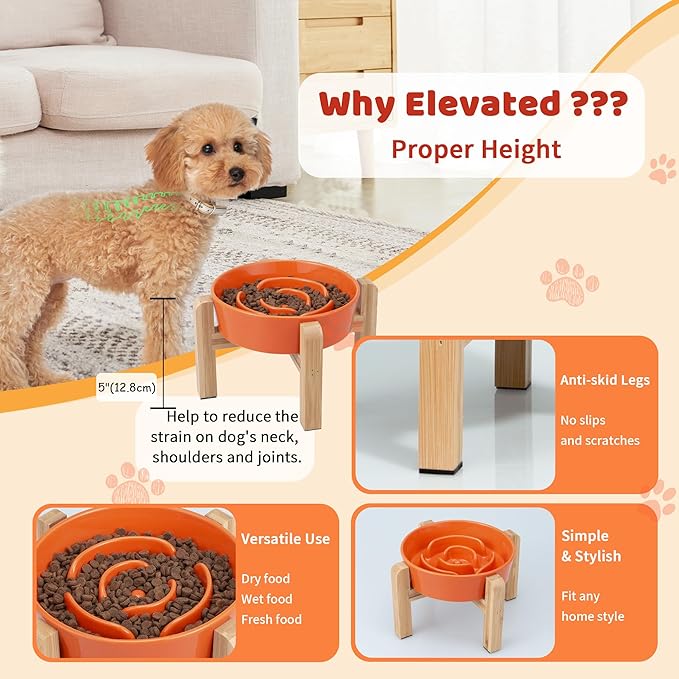 Elevated Slow Feeder Dog Bowl - Ceramic Maze Food Dish with Bamboo Stand - Raised Feeding Bowl for Fast Eaters - Ideal for Small and Medium Dogs - Orange - 6.7 inch