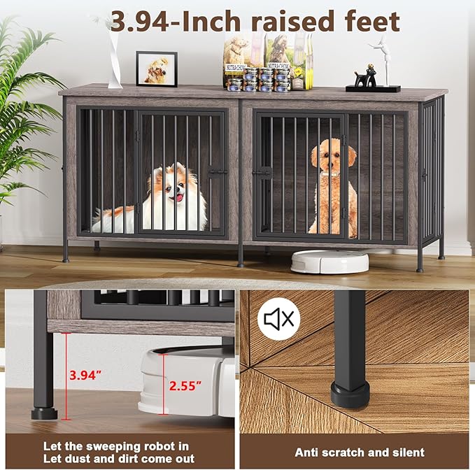 EasyCom Dog Crate Furniture for 1 or 2 Dogs, Heavy Duty Single/Double Dog Crates for Small/Medium/Large Dogs, Dog Kennel Furniture Indoor as TV Stand, Medium Size 63" L(20-35 Pounds), Oak Grey