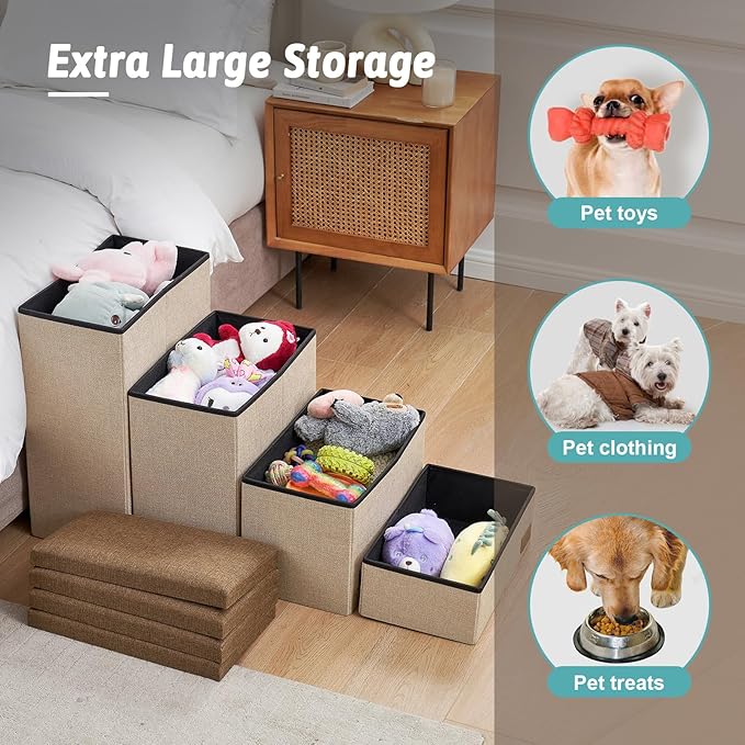 Dog Stairs with Storage, 3-Step Wider Sturdy Dog Steps for Small/Medium/Large Dogs and Older Cats, Folding Doggie Ramp for Bed/Couch/Car Hold Up to 180 lbs (16.7" H, Brown)