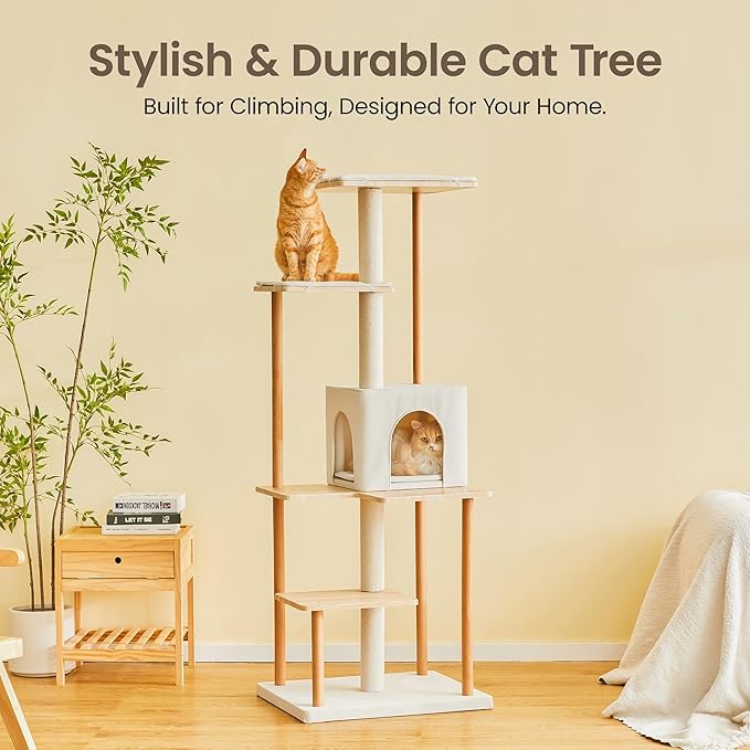 MWPO Modern Cat Tree - 63-Inch Luxury Wood Cat Tower for Indoor Cats, Large Perches with Soft Cushions, Cat Condo for Large Cats with Scratching Posts - Beige