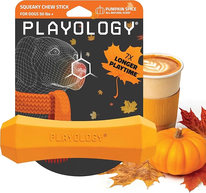 Playology Dog Toys | Durable Squeaky Chew Stick for Dogs | Jumbo Pumpkin Spice Scented Toy - Easy to Clean and Made from Non Toxic Materials