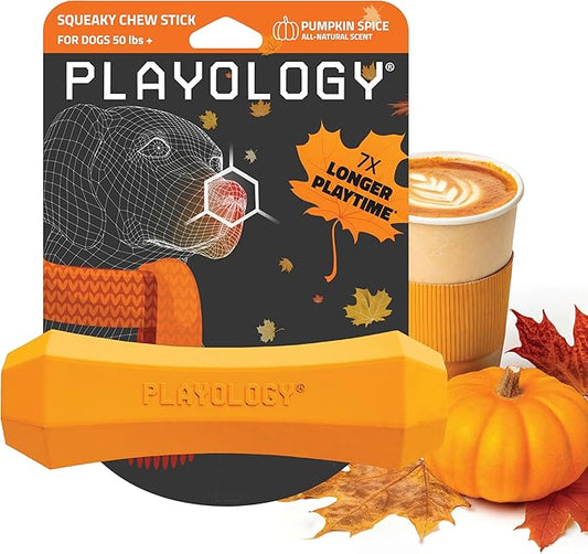 Playology Dog Toys | Durable Squeaky Chew Stick for Dogs | Jumbo Pumpkin Spice Scented Toy - Easy to Clean and Made from Non Toxic Materials