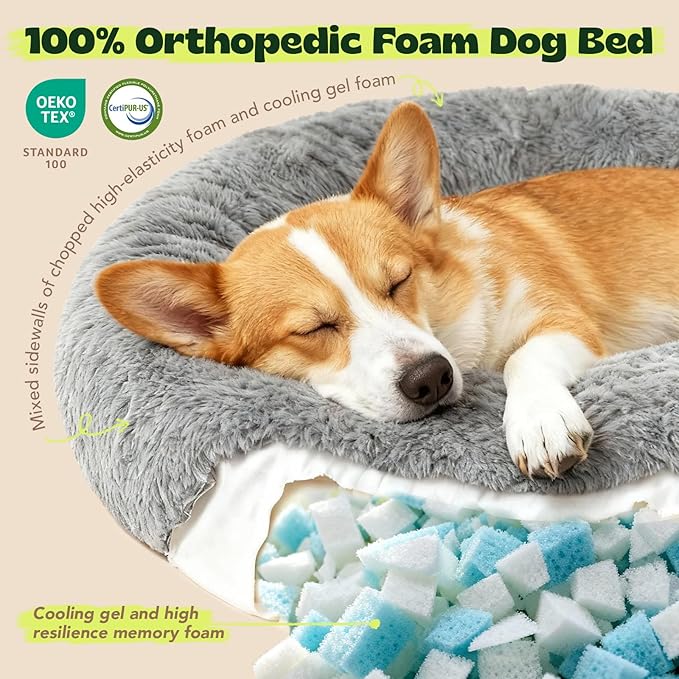 Extra Large Donut Calming Dog Bed with Orthopedic Memory Foam Dogs,42 Inch Pet Bed Cuddler Anti Anxiety with Comfort Cooling Gel,Removerable Waterproof Round Plush Cover Sofa for Machine Washable,Grey