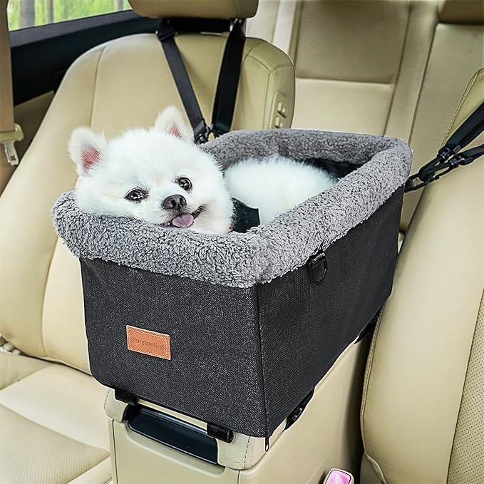 BurgeonNest Dog Carseat for Small Dog, Upgraded Console Pet Booster Seat with Metal Frame, Pet Carseat with Double Protection Seat Belts, Washable Cushion, Safety Leash and Storage Pocket(Large)