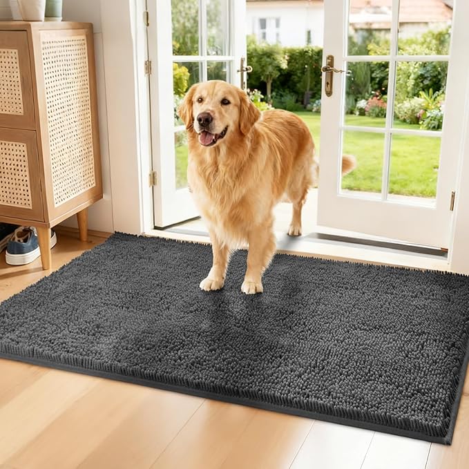 Chenille Absorbent Front Door Mat 48" x 30", Dog Door Mat for Muddy Paws, Dirt Trapper Doormat, Mud Mat for Dogs, Washable Non Slip Outdoor Indoor Doormats for Entryway, Grey
