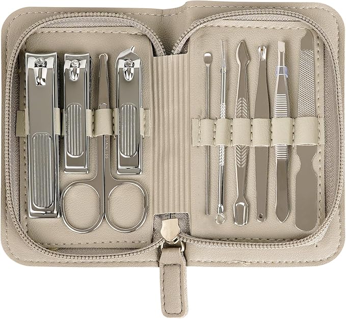Premium Stainless Steel Nail Clippers Set - Travel Grooming Kit, 10pc Manicure/Pedicure Tools with PU Case - Unisex Gift for Men and Women(C-Grey)