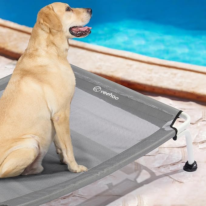 Veehoo Elevated Dog Bed for Outdoor, Cooling Waterproof Raised Dog Cots Beds for Large Dogs, Curved Off Ground Pet Hammock Cot Lifted for Outside, up to 85lbs, White Legs, Grey 42"